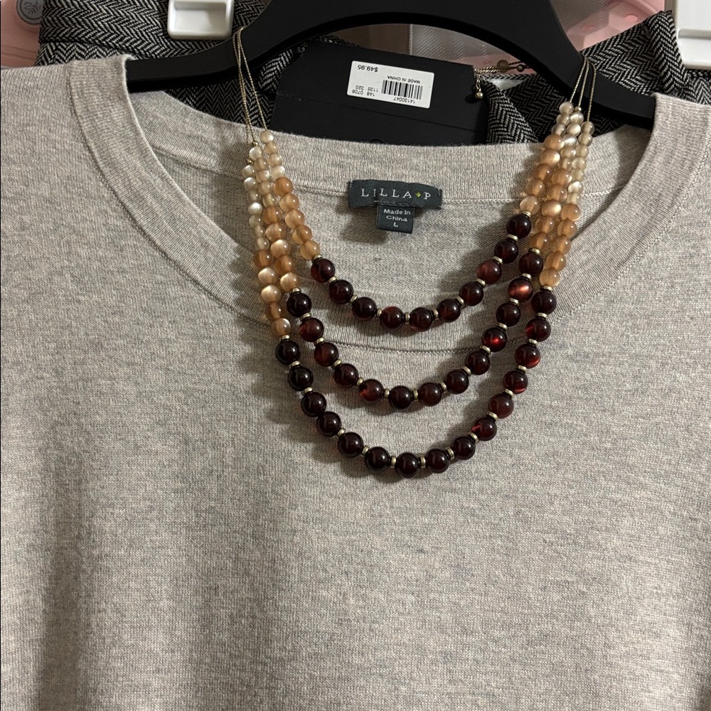 The Limited Brown and Cream Beaded Triple Necklace
